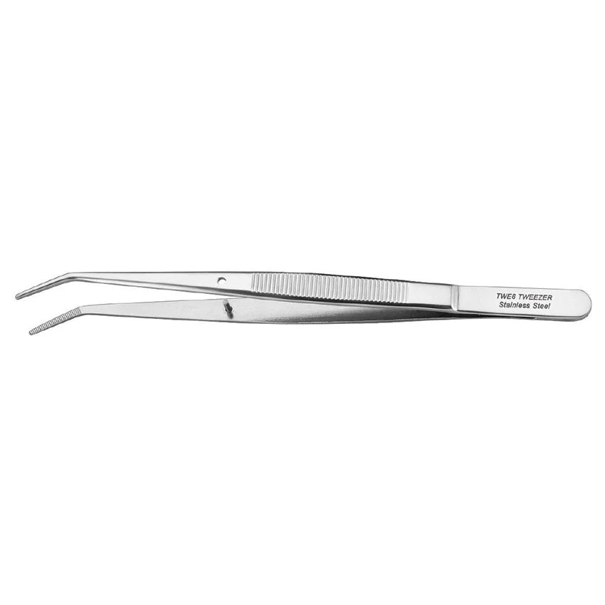 Pair of silver tweezers on a white background